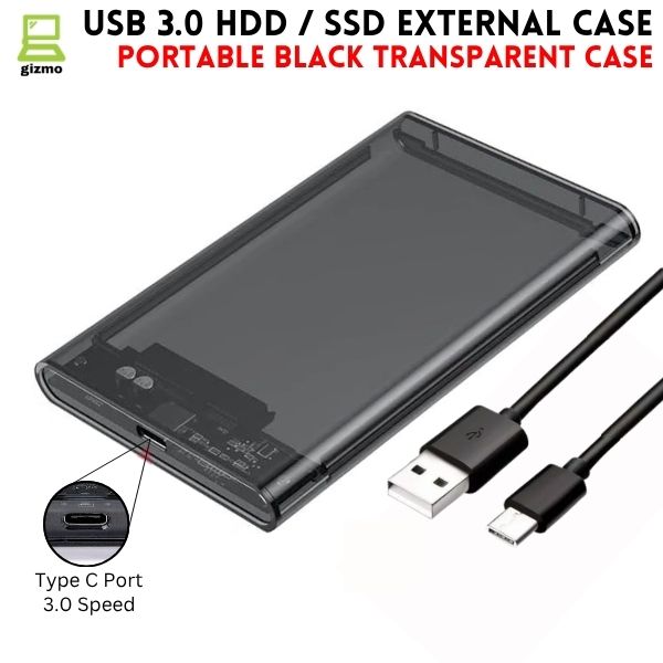 USB 3.0 Portable HDD SSD 2.5" Hardrive External Case ( Black & Transparent ) - 2.5" Hard Drive Case 5Gbps High Speed Fast Data Transfer (ONLY CASE)