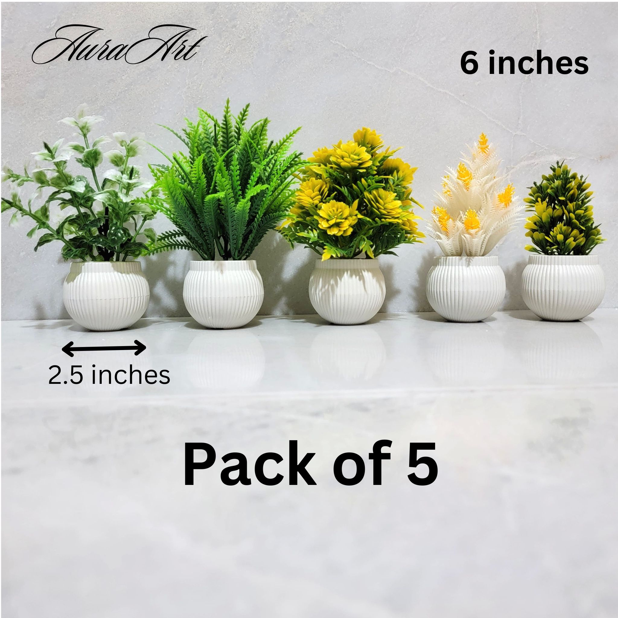 Pack of 3, 5 Artificial Small Plants - 6 Inches High Quality Table Top Decor in White Pots