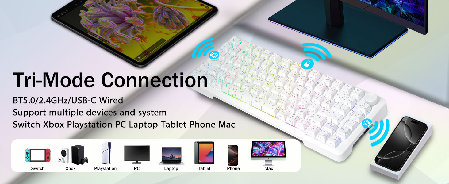 E-YOOSO Z-82 Tri-Mode Wireless 75% Gaming RGB Mechanical Keyboard Hot Swappable with Five-Layer Padding & Knob, Bluetooth/2.4GHz/USB-C, White 21 120d34ae67c783859a54e48aed64cb57