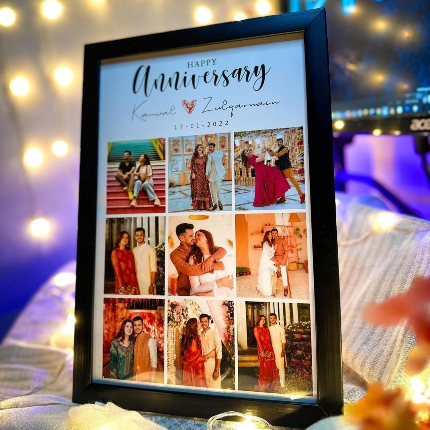 Customized Moon Shape Photo Frame for Wall Display Holds 16 Pictures Personalized Gift in 7x9 and 10x14 Sizes Black MDF