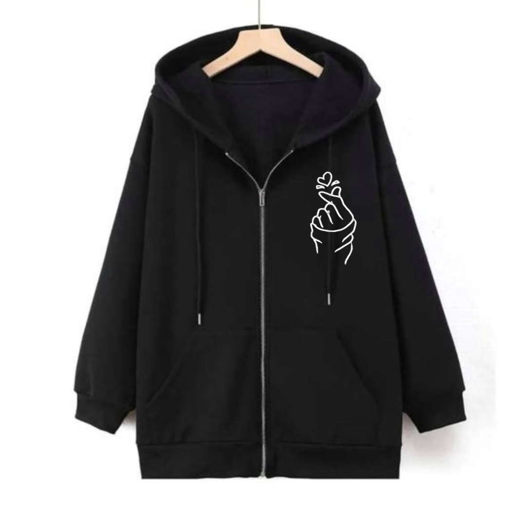Black Zipper Finger Heart Printed Hoodies For Girls & Women - Comfy & Cozy Hoodies For Girls