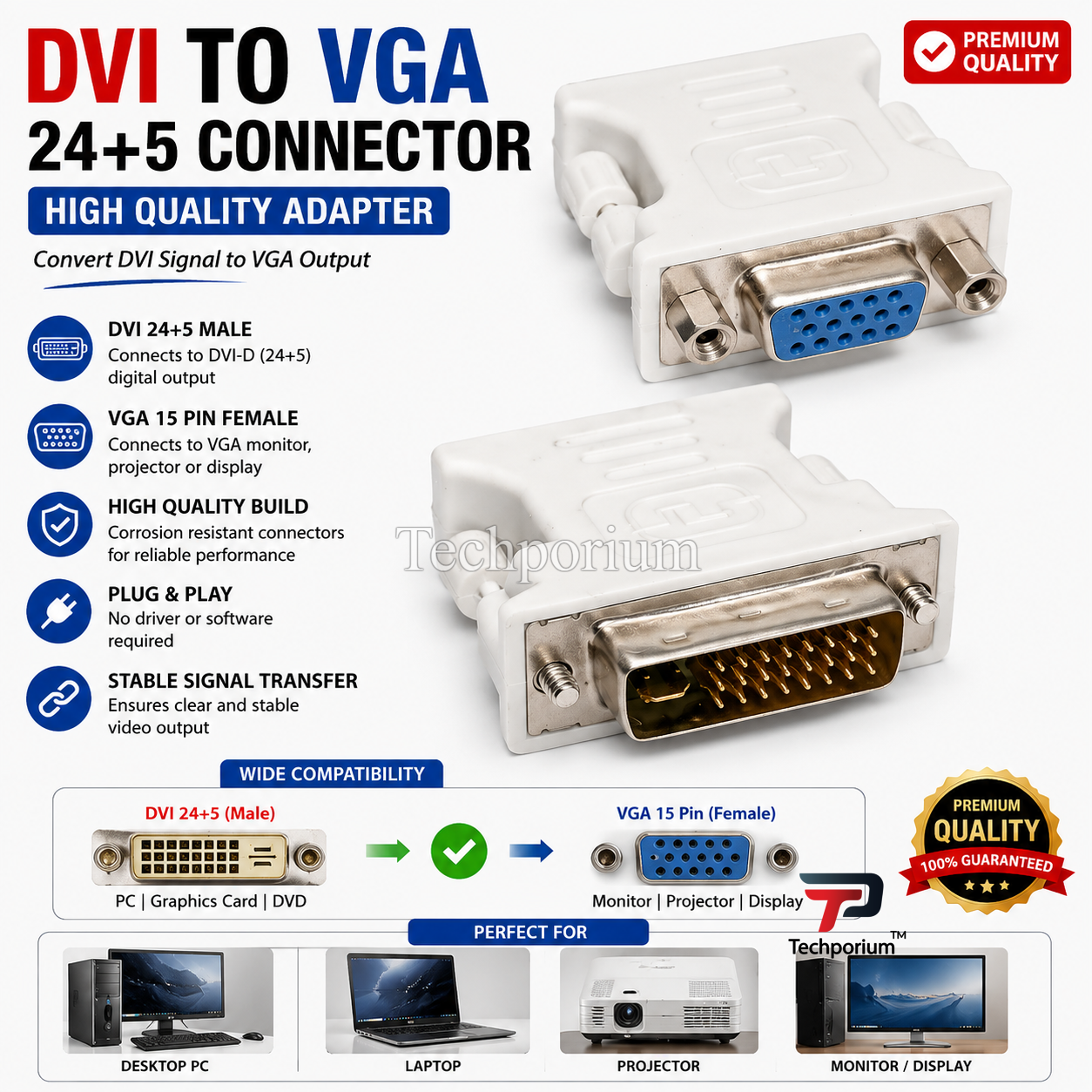 DVI to VGA 24+5 Connector – High-Quality Adapter Converter Male to Female for PC, Laptop, Monitor, Projector, Graphics Card & Other Devices, Durable Gold-Plated Design for Stable Signal Transfer, Compact & Easy to Use