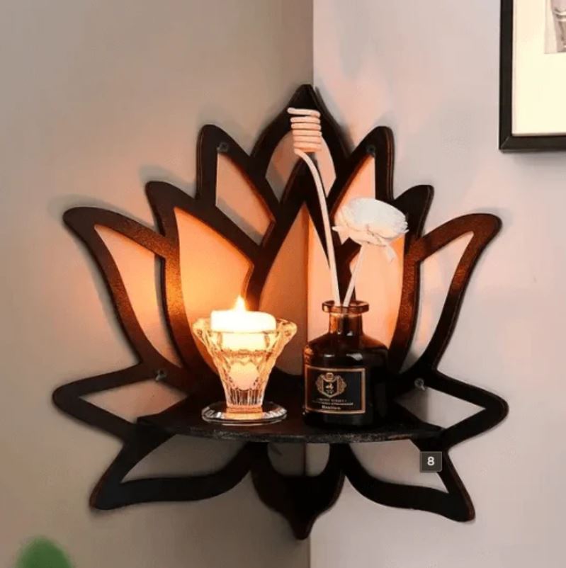 EVENTO 3D Wooden Corner Shelf | 3D Laser Cut DIY Design Decoration Piece for Home Decor Wooden Floating Shelf | Flower Leaf Candle Stand | Wall Shelf for Bedroom and Offices | Wooden Wall Shelf for Kids Room and Girls Room and for Gift Items