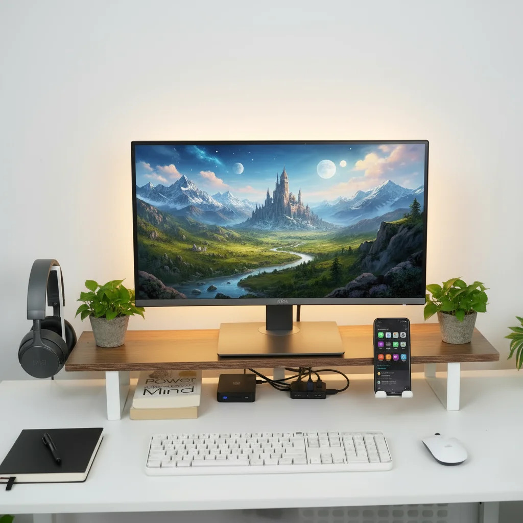 Openwood Modular Desk Shelf Monitor Stand Table Organizer With Phone Holder, Headphone Holder and Orgnizer Tray Customized