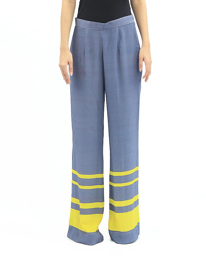 Grey & Neon Yellow Crepe Limestones Palazzo Pant - DT 6A