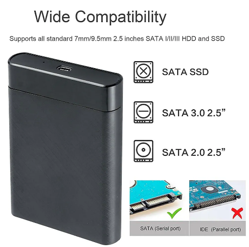 USB 3.0 Portable HDD SSD 2.5" Hardrive External Case ( Black & Transparent ) - 2.5" Hard Drive Case 5Gbps High Speed Fast Data Transfer (ONLY CASE)