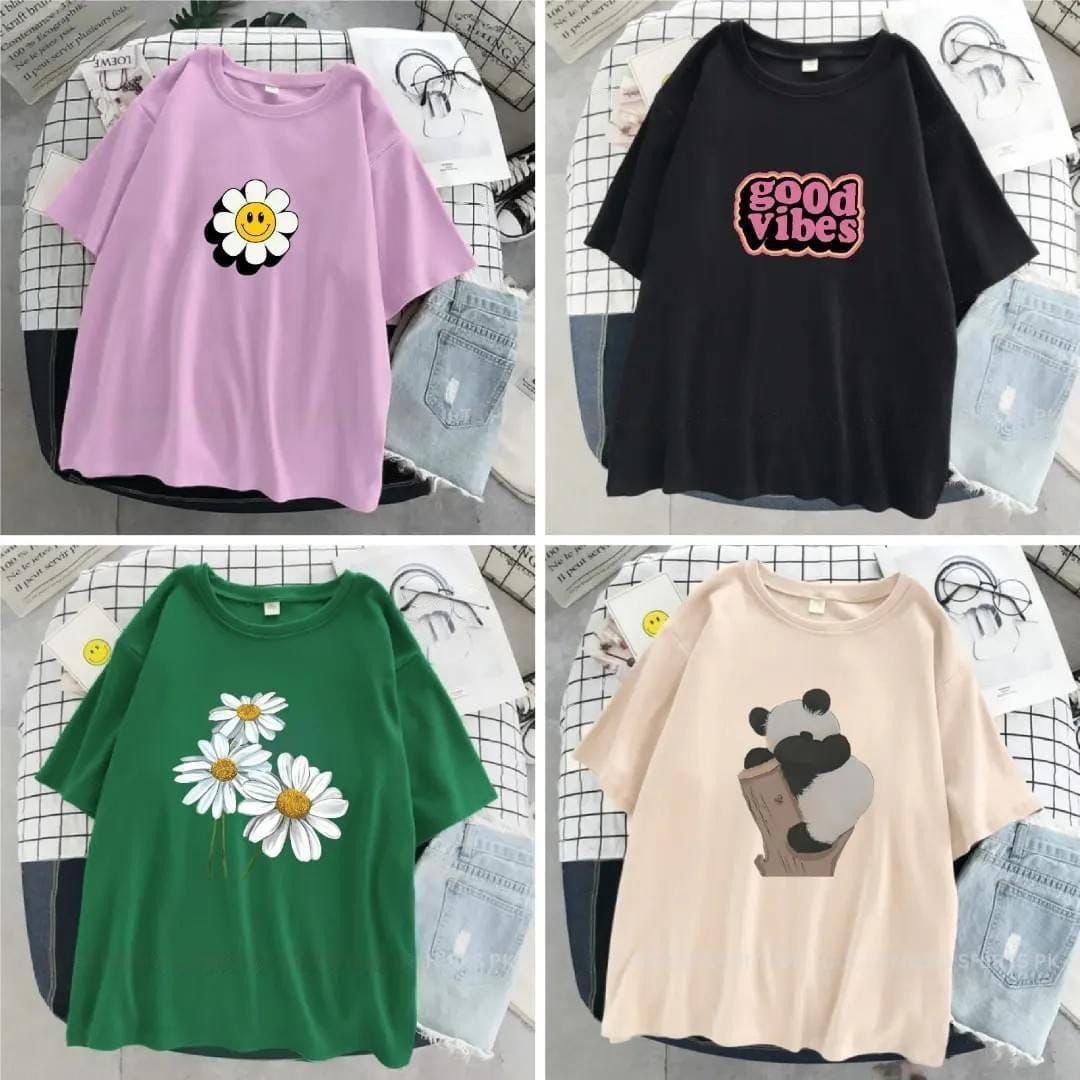 Pack Of Four Women Casual T Shirts A Soft And Comfortable Fabric Trendy Prints And Random Colors Set