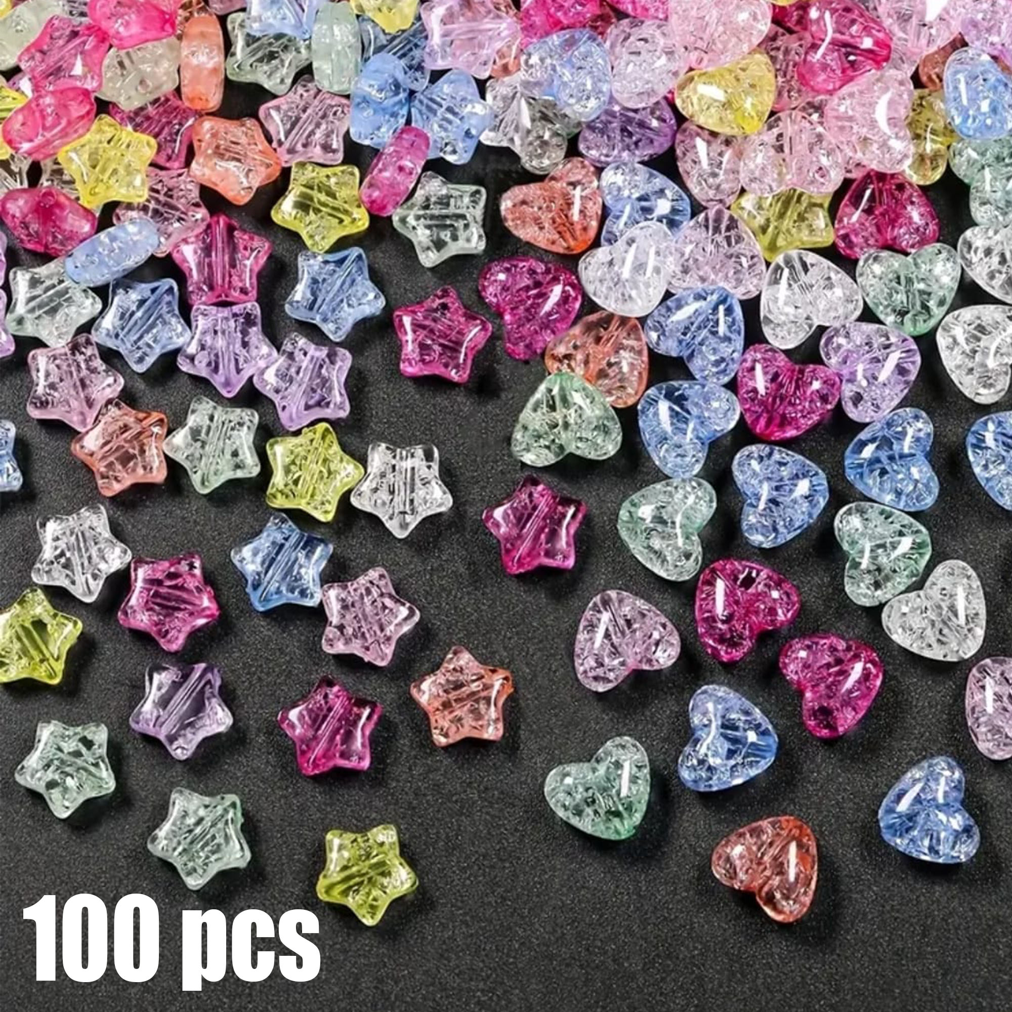 Transparent Multicolor 10mm Cracked Star & Heart Beads. For Creating Jewelry - Perfect for Handmade Crafts And Endeavors - Loose Beads Suitable for Necklaces, Bracelets, and DIY Accessories.