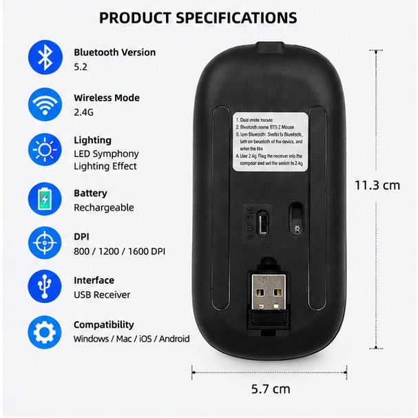 Wireless Mouse Bluetooth 5.2 + 2.4G | Rechargeable Silent Mouse with RGB LED Light | Slim Portable Mouse for Laptop PC Computer
