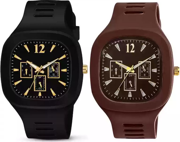 Pack of 2 Stylish Square Dial Smooth Silicon Straps Casual Watch Stylish Analog Watch for Boys Men's