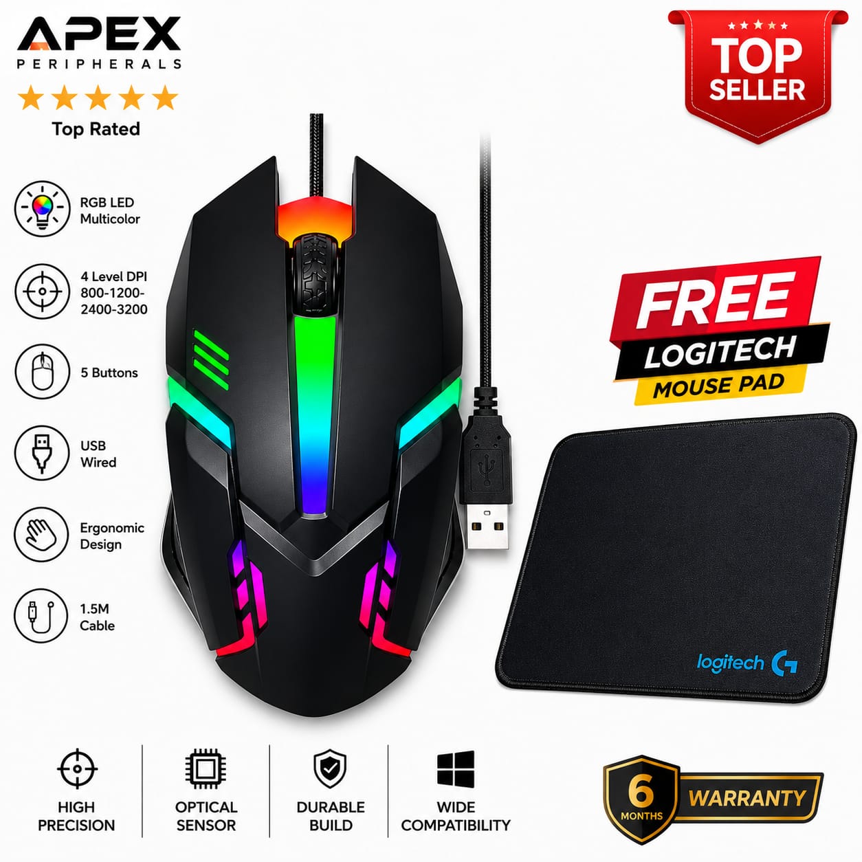 RGB Gaming Mouse with 7 light Wired Mouse For Laptop & Desktop Wired RGB Gaming Mouse USB Interface Optical Mute Mouse