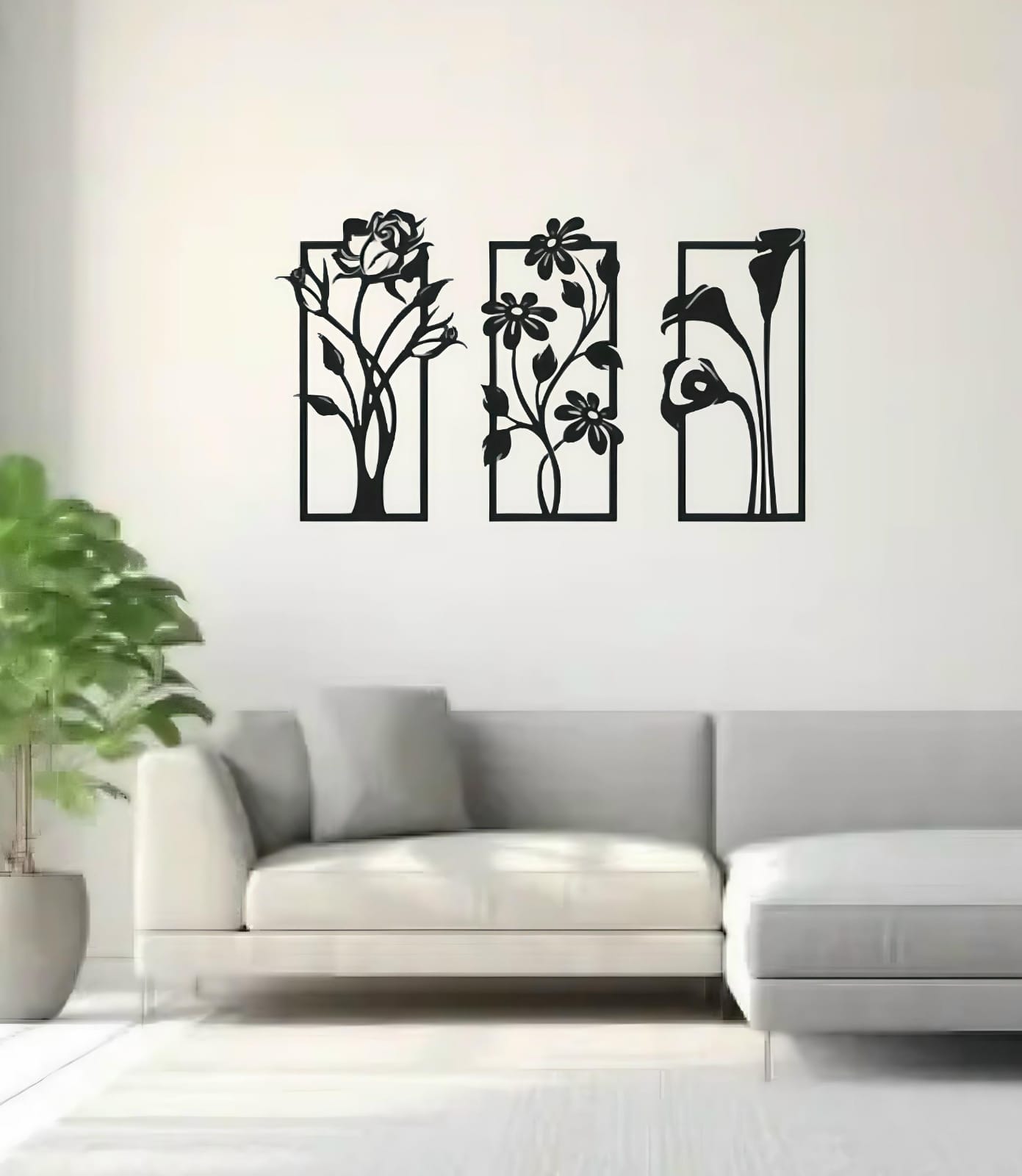 Life Style Glory/New wooden wall decor Bouquet 3 Pcs set wooden home decor wall decor art for home office and living room|3 Piece Wooden Wall Art | Black Flower Design Wall Hanging Frames for Living Room, Bedroom & Office Decoration