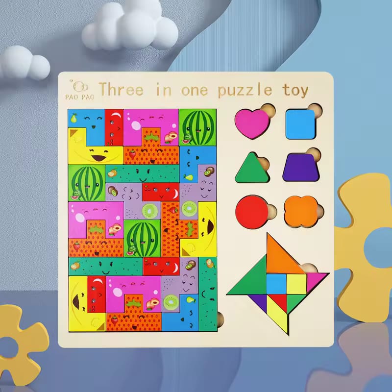 3-in-1 Wooden Puzzle Game Set for Kids | Jigsaw, Pattern Matching & Tangram Educational Toy | Math Learning Puzzle for Ages 3+