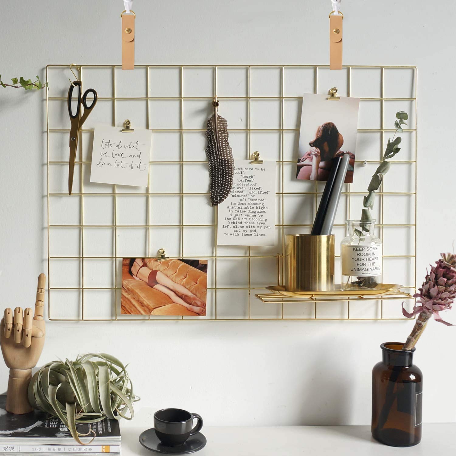 Wire Hanging Wall Grid - Black - Home Decor - Office Storage and Organizer - Polaroid Photogrid - Metal Plant Hanging - Minimalistic Aesthetic - Desk Decorations - Hanging - Bonus Clips