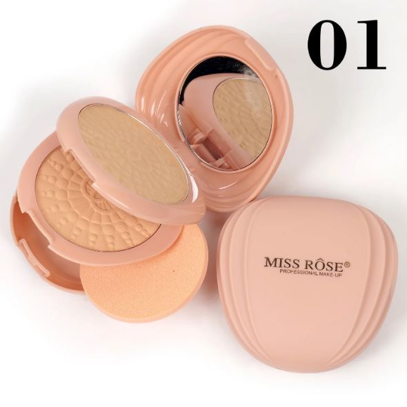 Miss Rose Elegant Dual-Tone Compact Powder with Built-in Mirror & Puff, Full Coverage Face Makeup, Neutral Pressed Powder