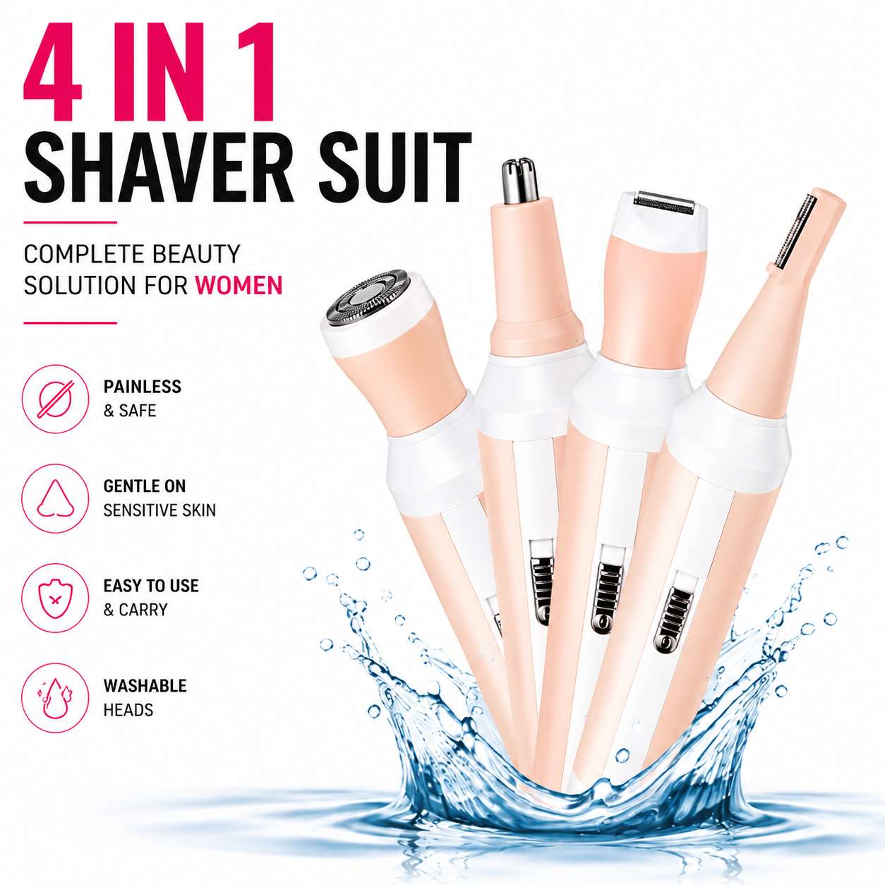 4 In 1 Women Shaver Suit Rechargeable Facial Hair Remover Body Shaver Nose Hair Trimmer Eyebrow Trimmer Cordless Portable Women Grooming Kit For Face Legs Underarms Bikini Area Sensitive Skin Beauty Care Machine