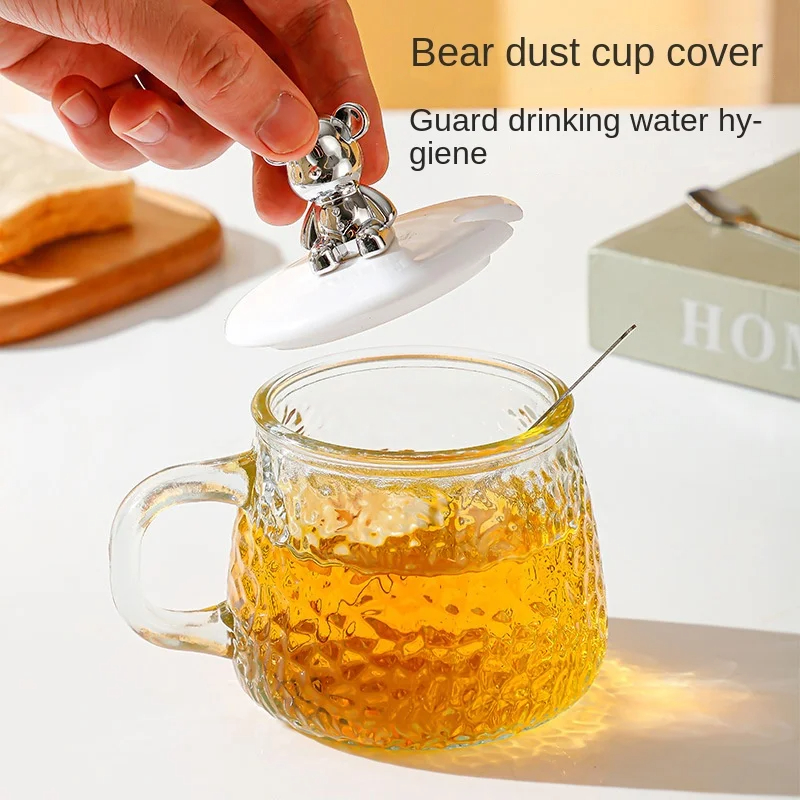 Bear Glass Cup 400Ml Hammer Pattern Coffee Cups Drinkware Tea Mugs With Handle Transparent Glass Cup With Lid