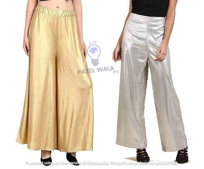 (Pack of 2) Women's Free Size Shimmer Palazzo Pants – Golden & Silver Color – Premium Quality Lycra Blend Flared Trousers – Stylish Regular Fit Wide Leg Pants for Ladies – Solid Shiny Plazo for Daily & Party Wear – Stretchable Elastic Waist