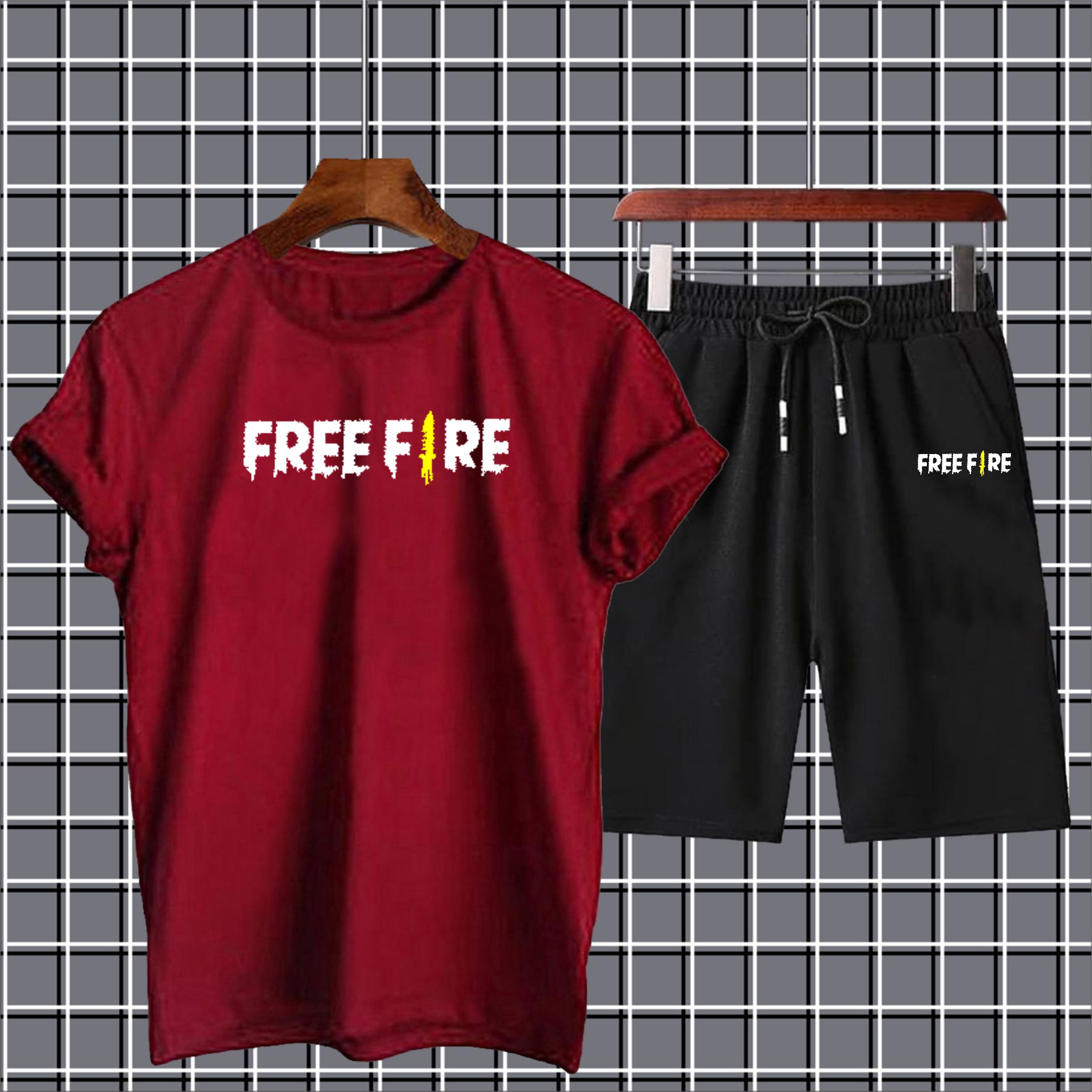 Free fire printed summer short track for men tshirt+short-yellow