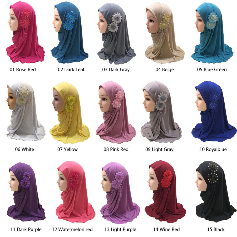 Kids Girls Lovely Muslim Hijab With Flowers Anti-UV Sun Protection Breathable One Piece Hijab Islamic Head Scarf Shawls Arabian Turban For 2 6 Years