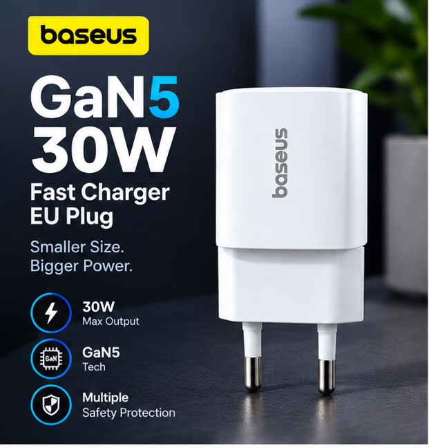 Baseus 30W PD China Laat GaN5 USB-C PPS and PD Fast Charger Adapter for Samsung Galaxy, Google Pixel All Mobiles Supported With Universal Compatibility