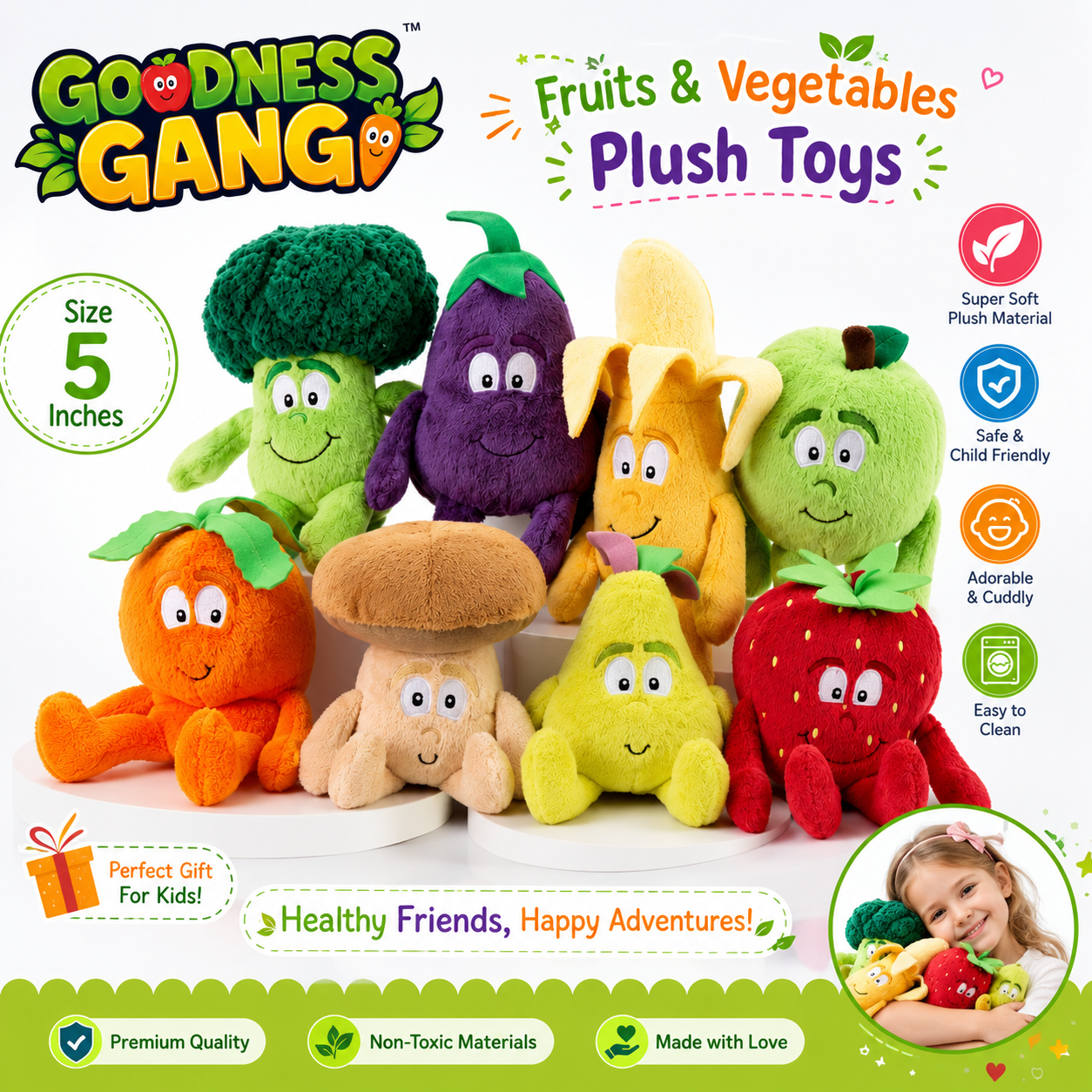 Goodness Gang Mini Fruit & Vegetable Plush Toys 5 Inches - Soft Cuddly Stuffed Food Doll for Kids Learning | Cute Early Educational Preschool Fruits Soft Toy Gift