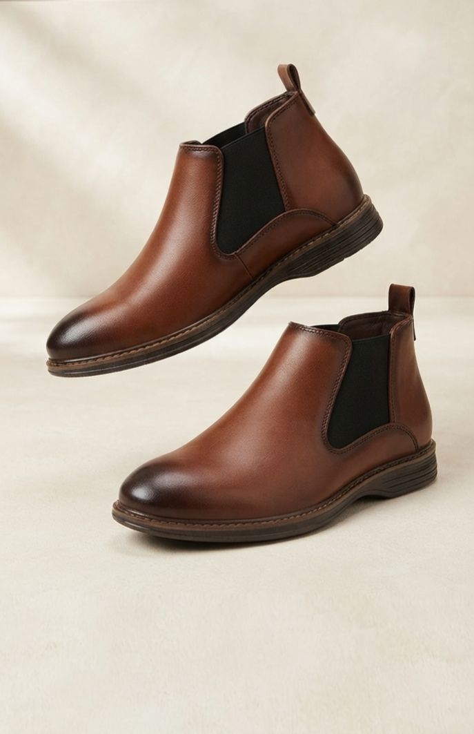 Men's Chelsea Boots - Premium Leather & Canvas Ankle Boots for Men | Formal Office Casual Shoes | Black Brown Khaki Color | Slip On Boots with Elastic Side | Rubber Sole | Sizes 40-44 | 5 star rating