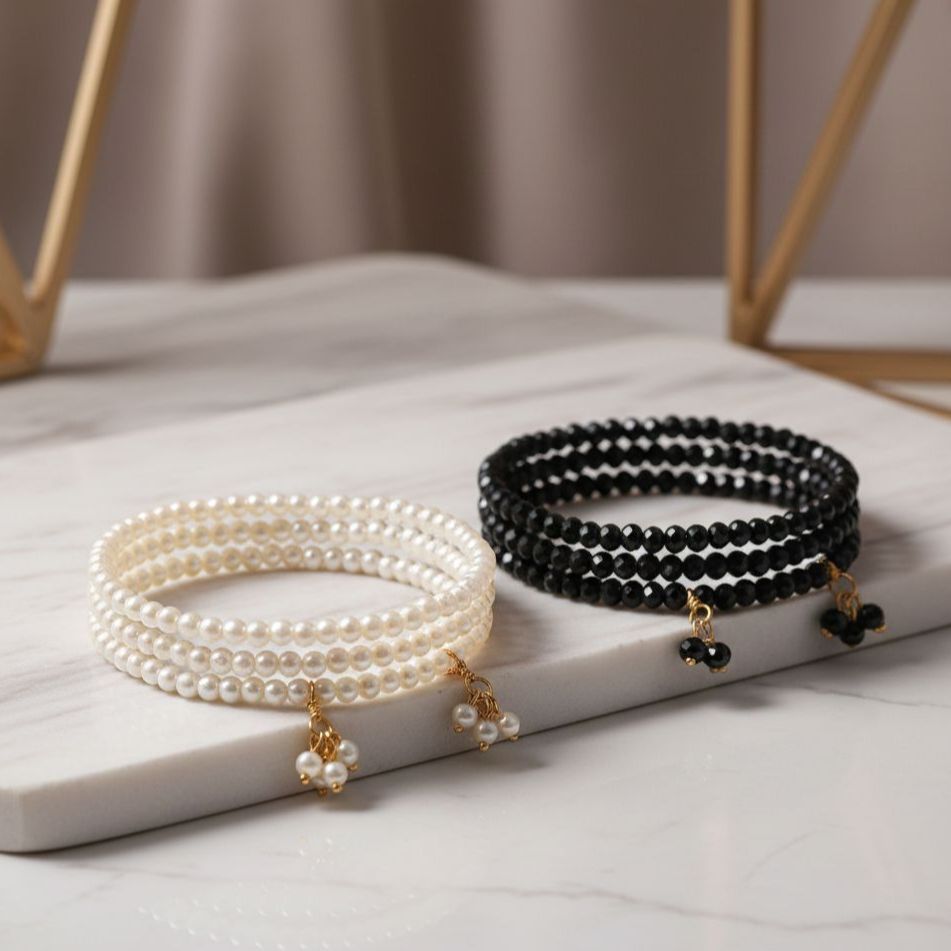 Premium Multi-Layered Pearl & Onyx Beaded Bracelet Set for Women – Elegant Handcrafted Jewelry Gift for Her