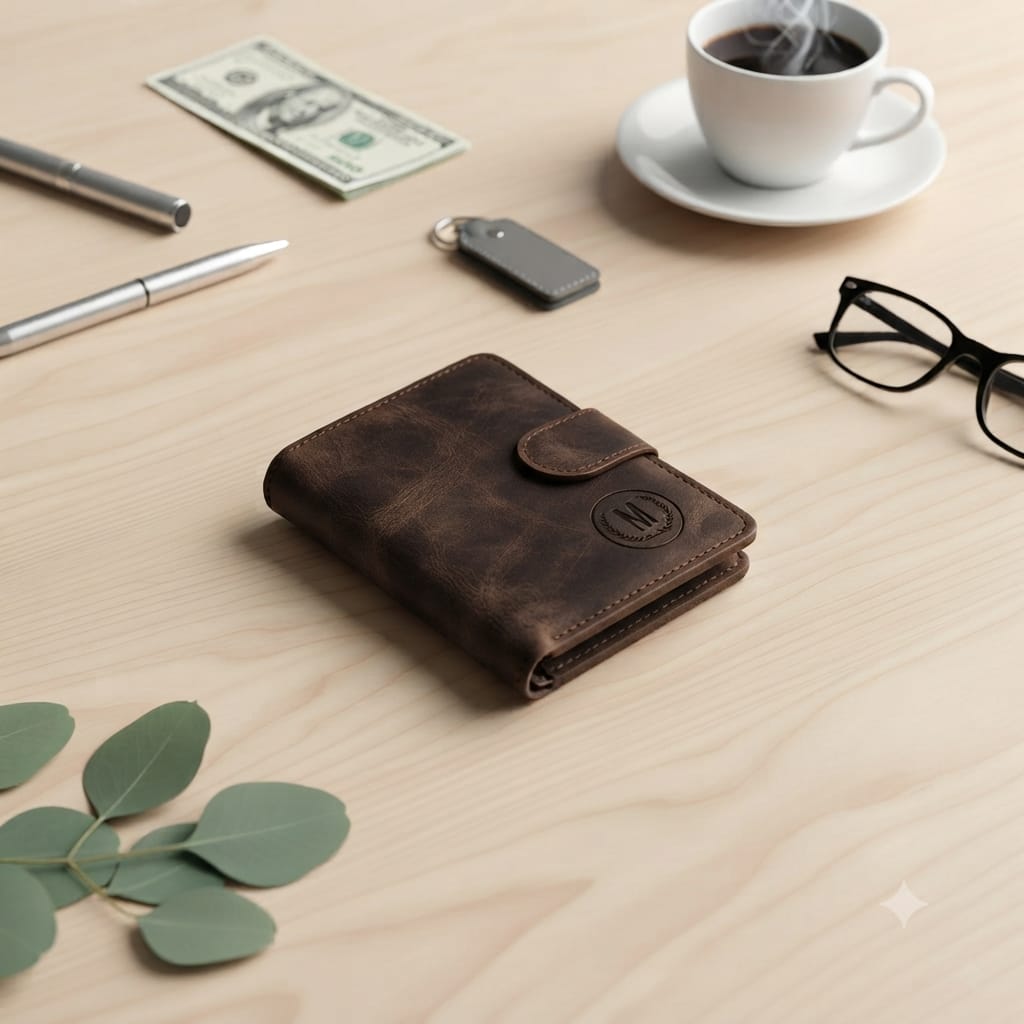 GU-II Men’s Leather Wallet with Button Slim Short Vertical Purse Retro Card Holder for Boys