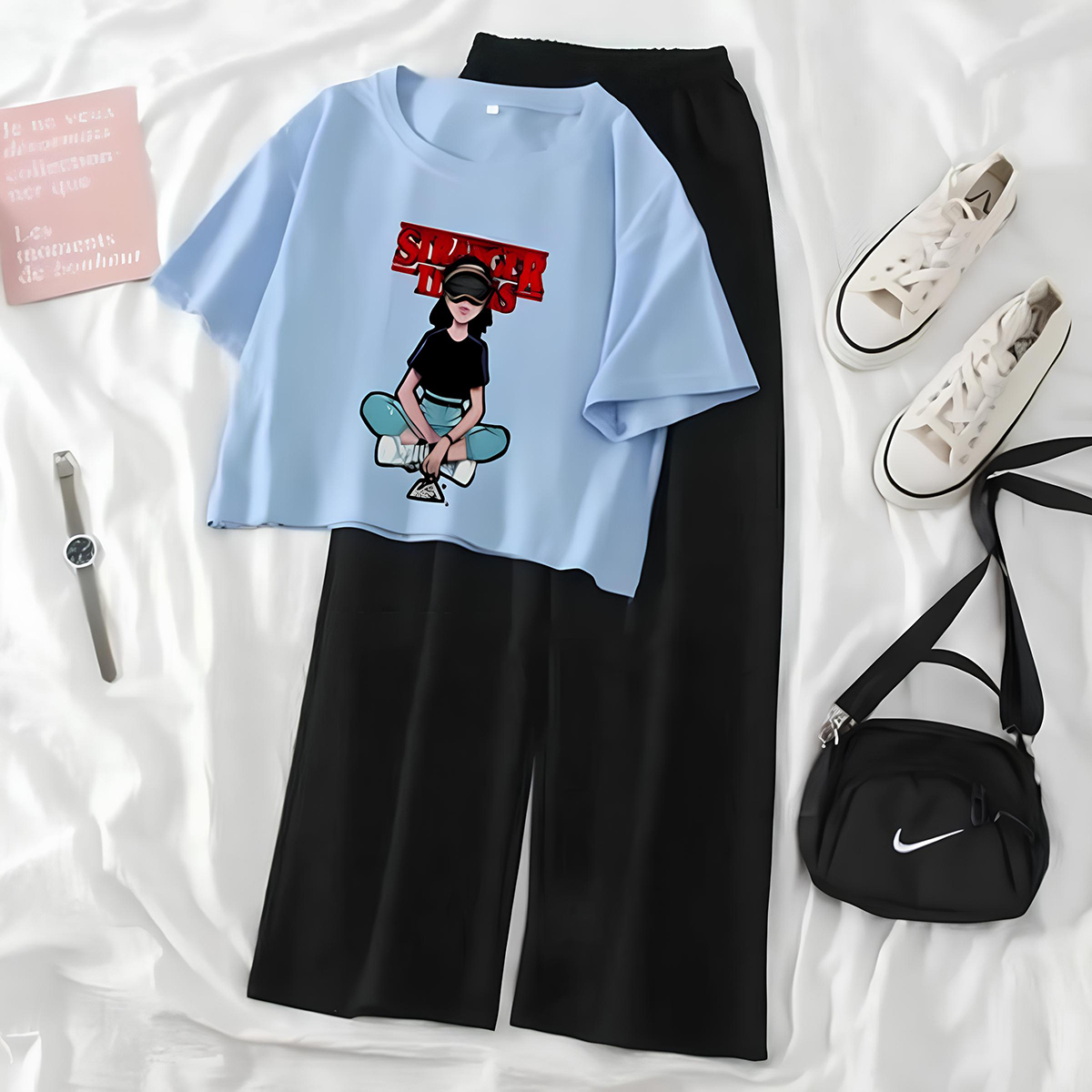 Summer Printed Crop Top & Flapper Sleepwear Set for Women