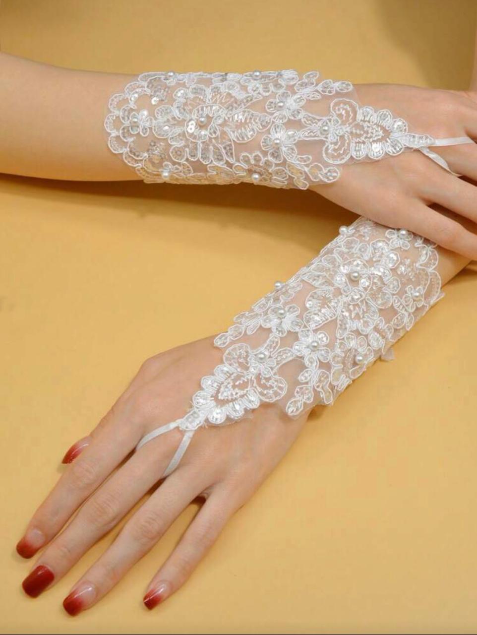 1 Pair Lace Fingerless Bridal Wedding Gloves For Girls Adjustable Faux Pearl Decor Short Gloves - Stretchy Polyester Material - Perfect For Bridal Wedding /Party