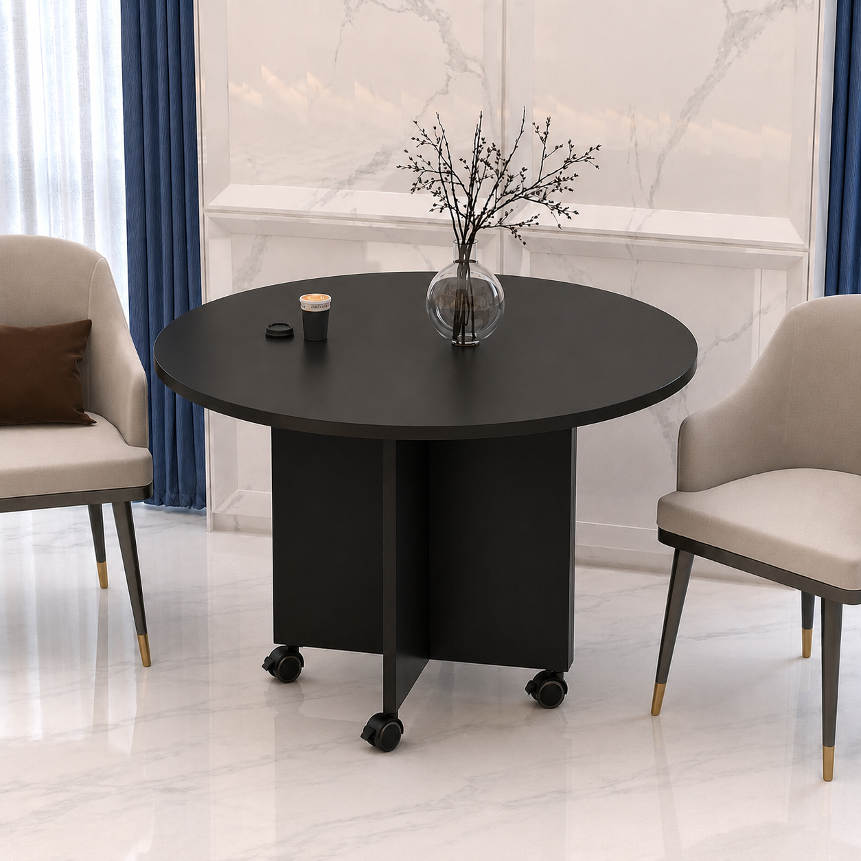 Multicolor Modern round dining table for home and restaurants,  5-6 person seating casual table for breakfast or dinner, moveable table with tyres, luxury and durable table made of Laminated MDF wood, 32 inch diameter with 29 inch height