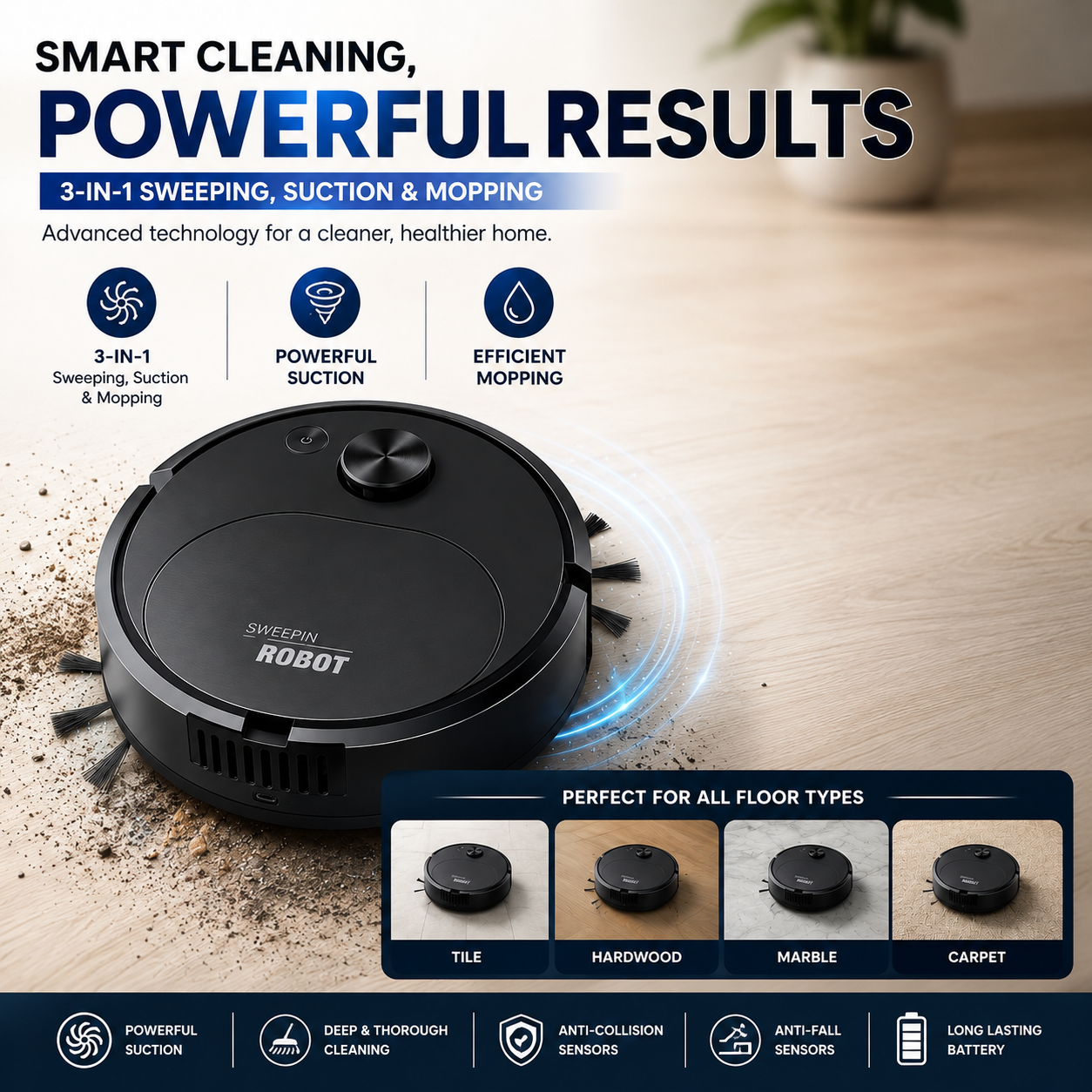 Imported Electric Carpet Robot Cleaner - 1200Pa - Robot Vacuum Cleaner - Automatic Dust Floor Cleaner Machine - Powerful Suction Cleaning Robot With Smart Sensor - For Household & Office - Easy To Use