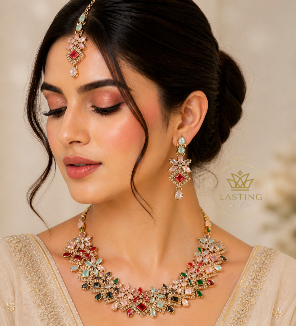 Royal Multicolor Kundan Jewelry Set – LL-RMK-027 | Necklace, Earrings & Maang Tikka | Bridal & Festive Wear | Lasting Luster