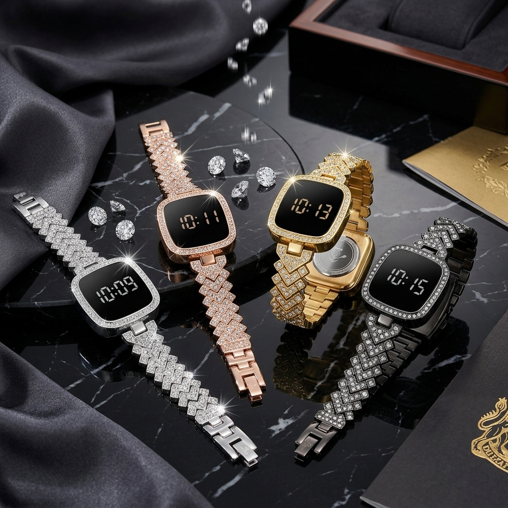 Luxury Women's LED Digital Bracelet Watch | Rhinestone Diamond Square Dial Watch | Elegant Ladies Wrist Watch | Stylish Fashion Bracelet Watch for Girls & Women