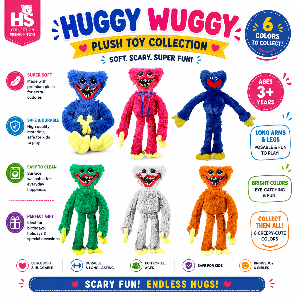 Huggy Wuggy Plush Toy 15cm / 40cm | Soft Stuffed Horror Character Doll | Cute Cuddly Plush Toy for Kids & Collectors | Multiple Characters Available