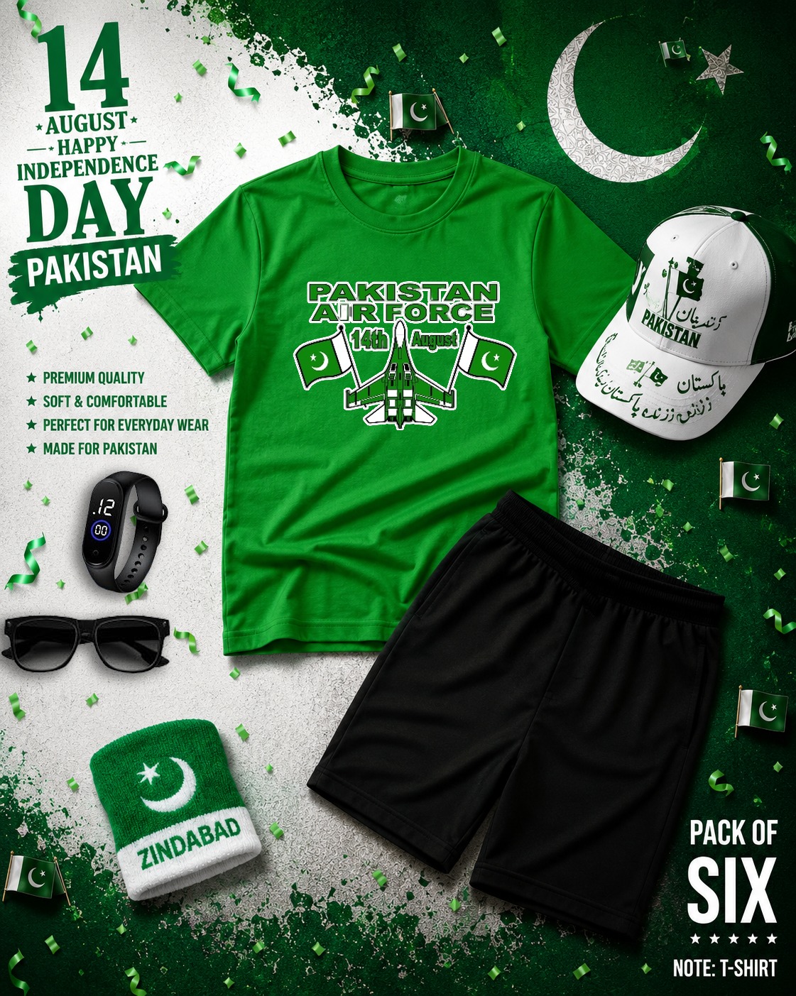 14th August Special Kids Printed Summer Tracksuit Pack of 6  Pakistan Independence Day Outfit  T-Shirt, Shorts, Cap, Hand Band, Sunglasses & Watch  Soft Fine Jersey  Baby Boys & Girls (1-8 Years)