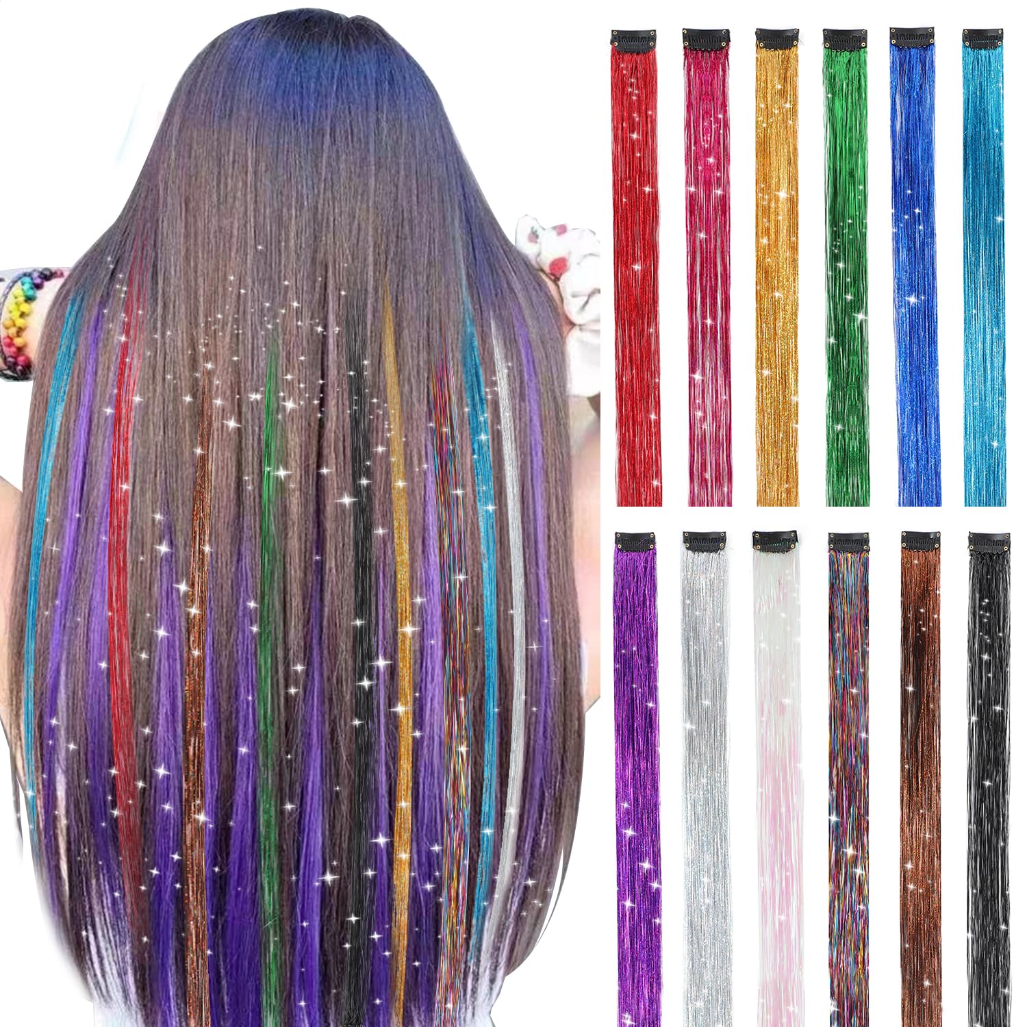 Sparkle Hair Tinsel Rainbow colored 93cm Hair Laser False Hair Extensions Decor Glitter Strings For Girls