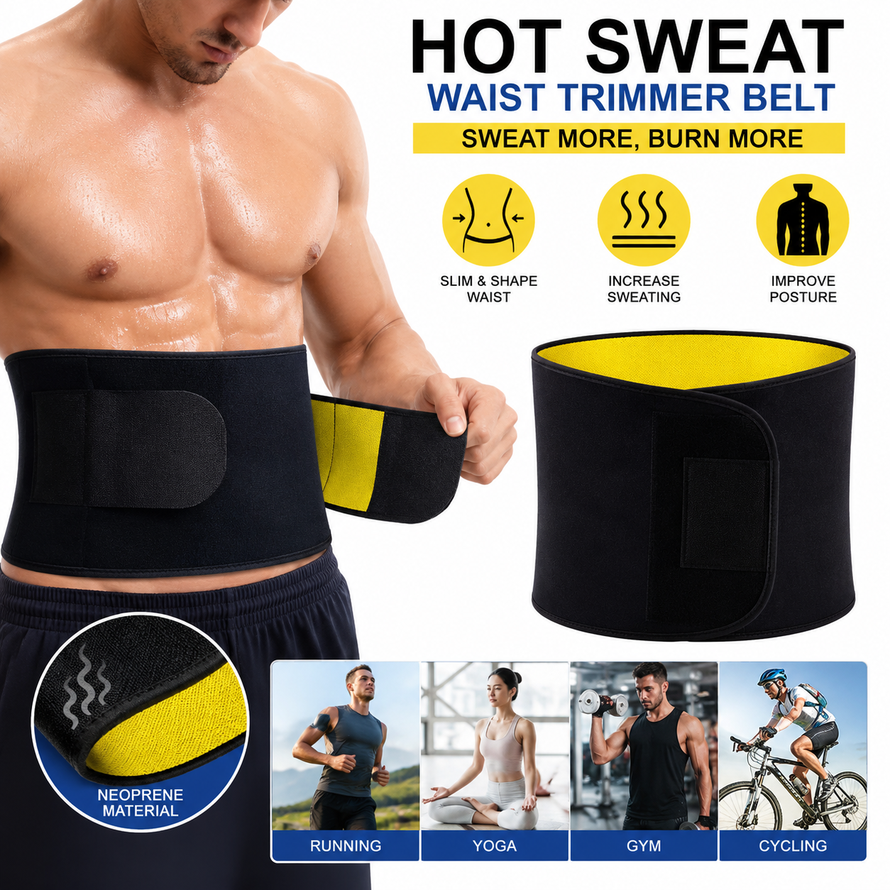 Hot Shaper Slimming Belt for Men & Women – Waist Trainer Sweat Belt, Adjustable Tummy Trimmer, Gym Workout Fat Burner & Back Support Shapewear