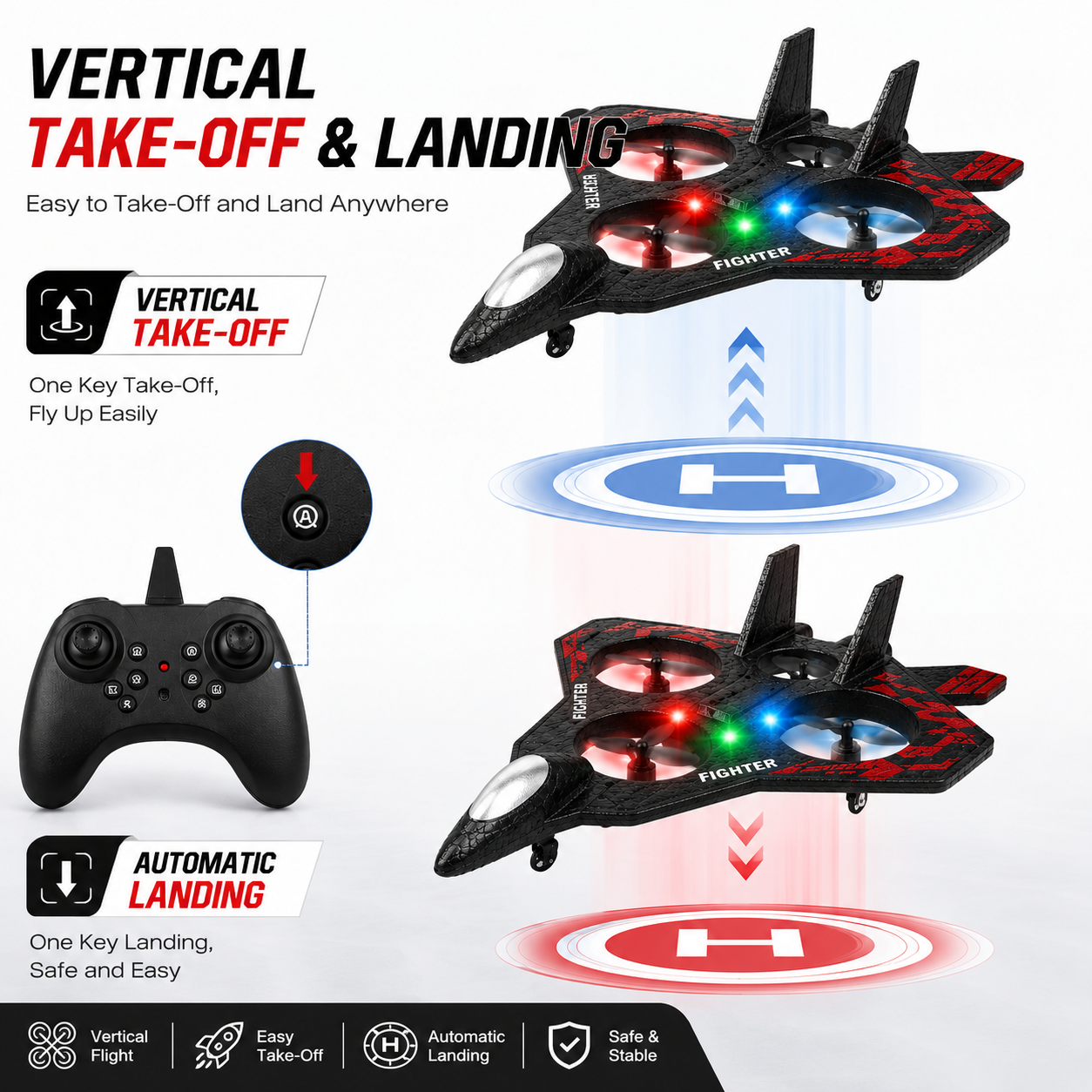 Remote Control Fighter plane RC Flying Jet 2.4GHz | Thunder Charge VTOL Fighter Aircraft | Vertical Take-Off & Landing | RC plane 360° Flips| LED Lights | Rechargeable | 50M Range | 4 Motors | 3 Speed Levels