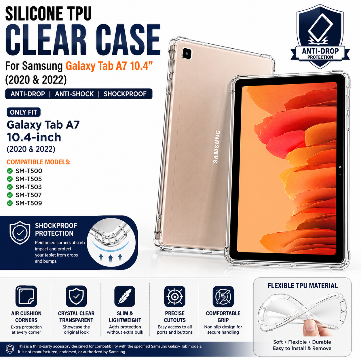 Silicone Case Galaxy Tab A7 10.4 2020 T505/T500 Anti-Drop/Anti-Shock Clear Shockproof Tpu Back Jelly Case