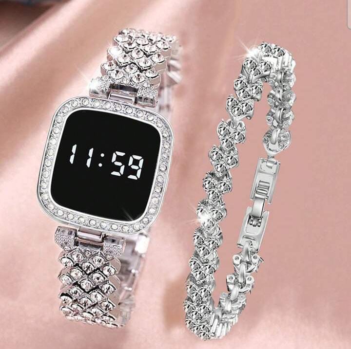 Diamond Touch Screen LED Watch for Ladies –Jewellery For Girls Style in Stainless Steel Chain Digital Wristwatch for Women's – Stylish Fashion Watch For Girls With Bracelet in Silver Stone Round & Square Dial Shape For Gift