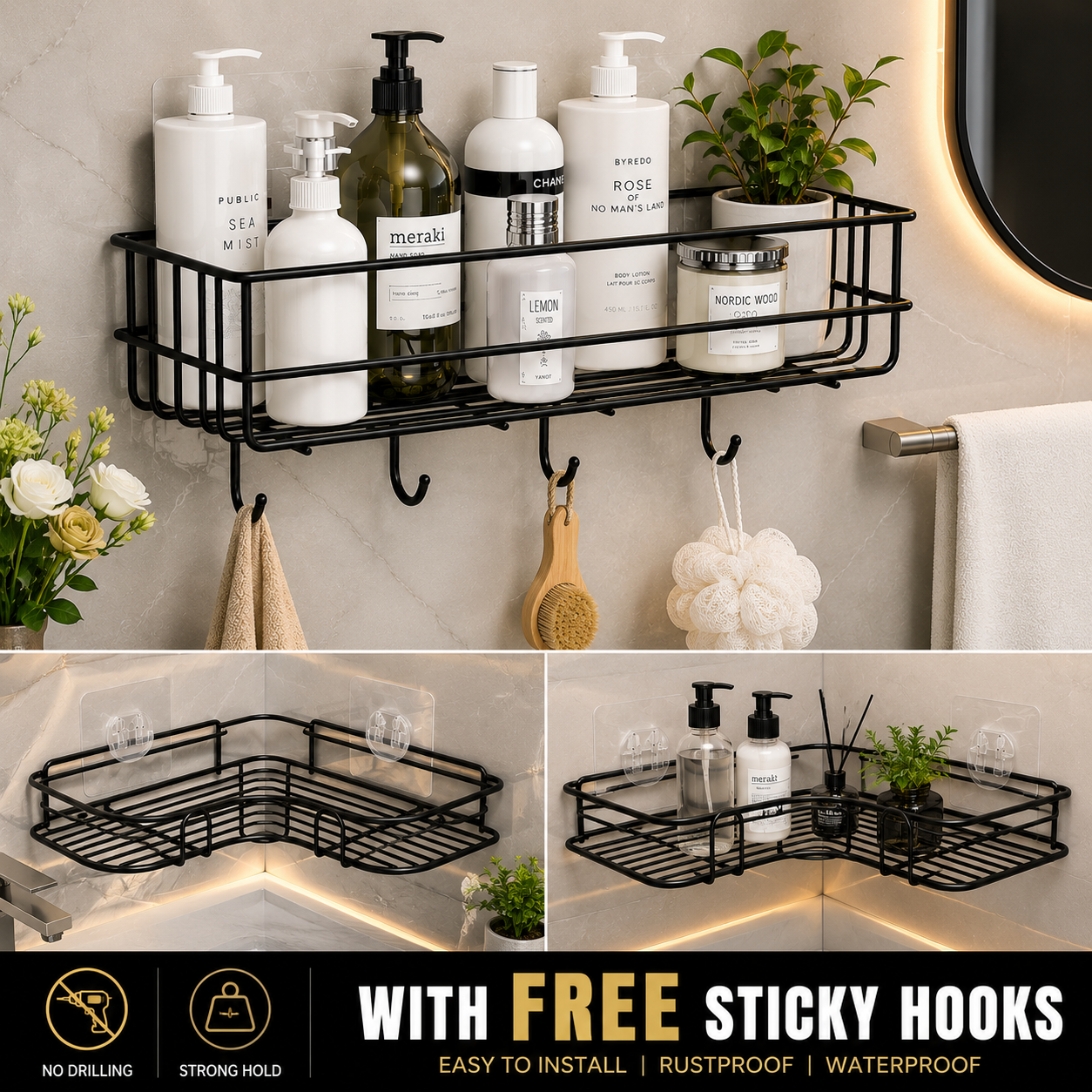 Wall Mounted Rectangle Metal Stand With Hooks for Kitchen Bathroom Storage Rack Organizer Metal Storage Organizer Rack for Shower Caddy, Shampoo Basket No Drilling, Design for Bathroom, Bedroom, Living Room, and Kitchen - Bathroom Rack Stand
