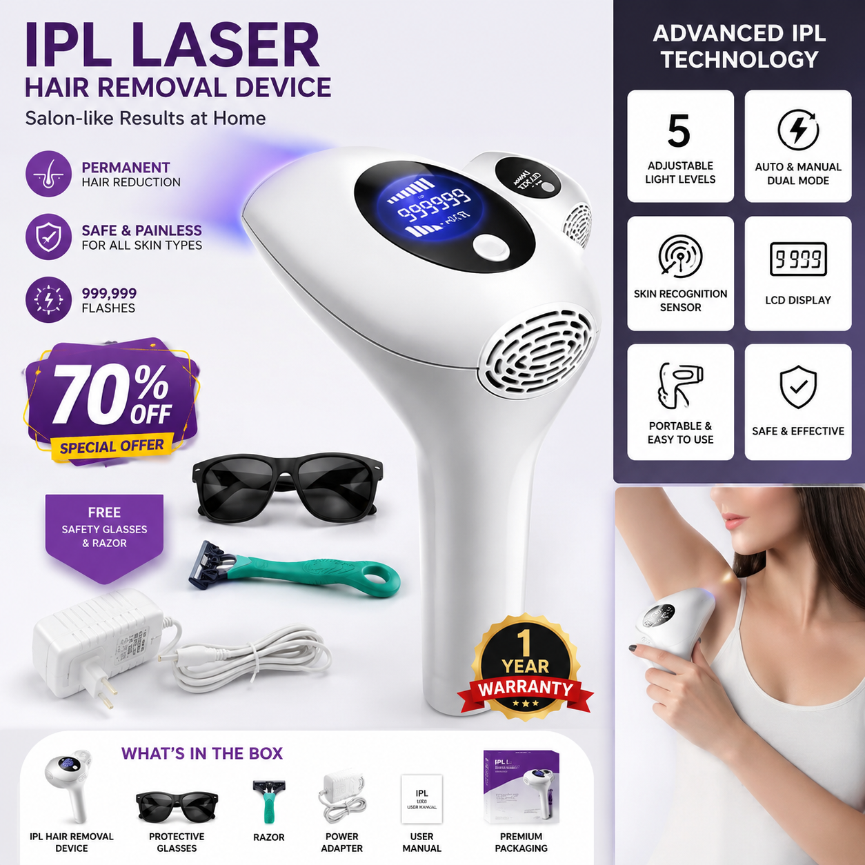 IPL Laser Hair Removal Machine - Hair Removal Machine - Professional laser hair removal machine for men and women - Epilator for women - Permanent hair Removal - Painless threading machine for women