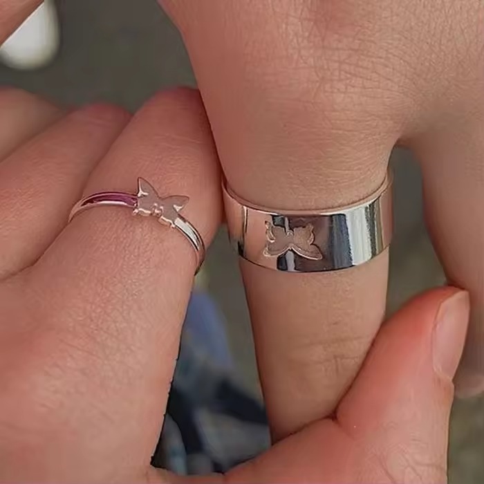 2 Pcs Adjustable Butterfly Couple Rings Set Golden Open Engagement Ring for Girls Boys