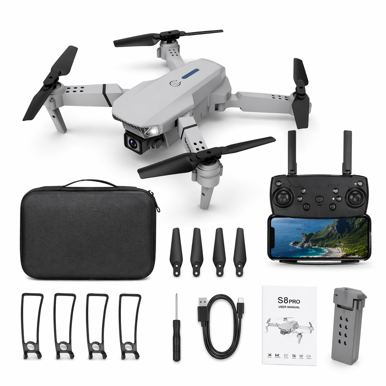Drone S8 Pro Toy with Dual Camera Foldable RC Quadcopter with HD Camera,  S8 Pro Drone Remote Control & Accessories