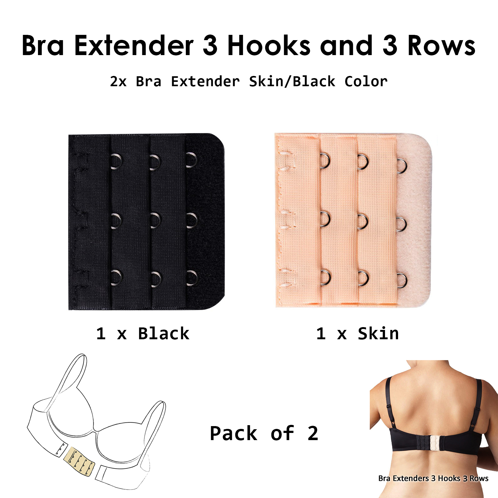 Pack of 2 Bra Extenders 3-Hooks 3-Rows Increase 0.5 to 2 inches to