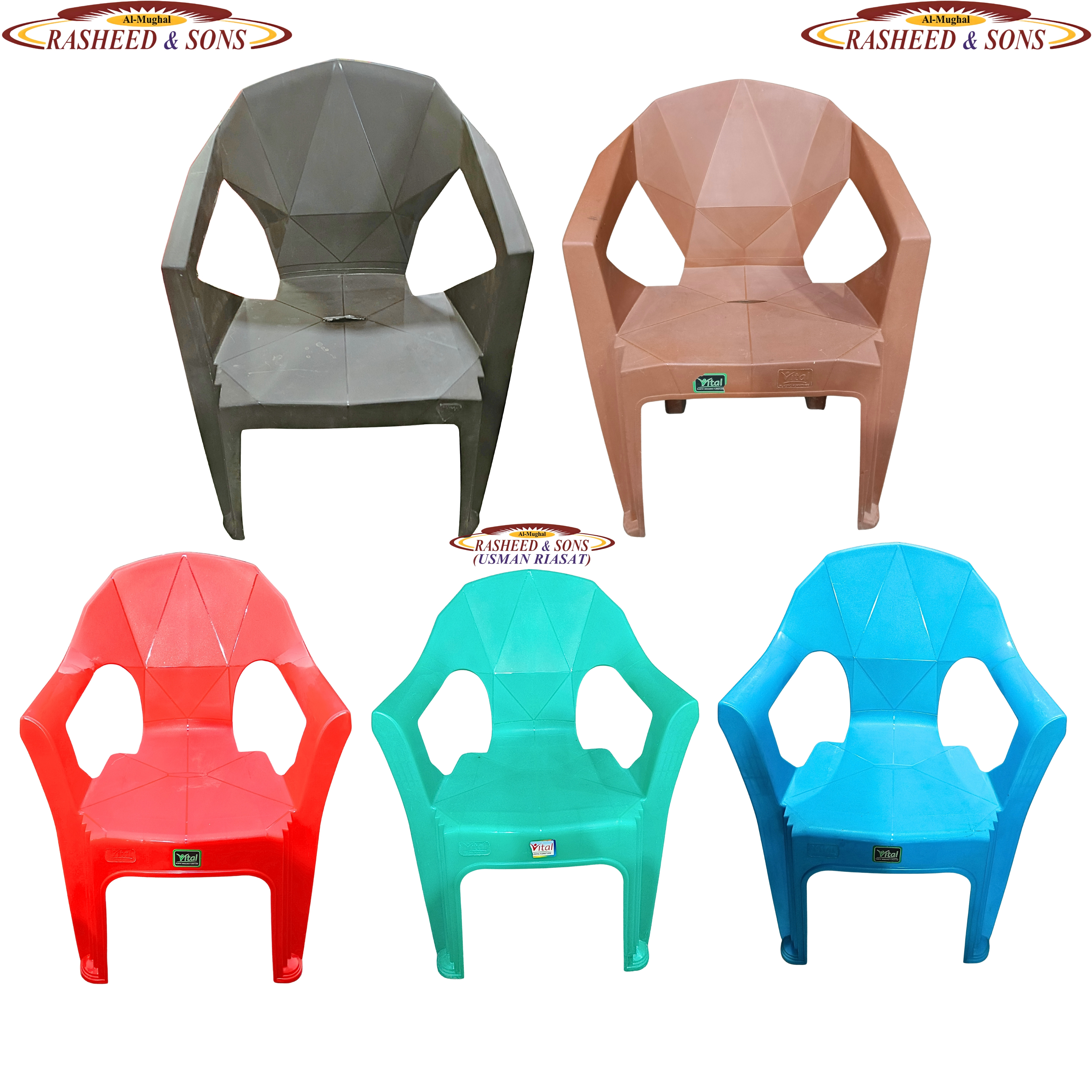 100% Pure Plastic Diamond Chair Set – Garden Patio Balcony Arm Chair – Rasheed & Sons Modern Plastic Chairs – Pack of 1, 2, 4, 6 with Fixed Table or Folding Tabl