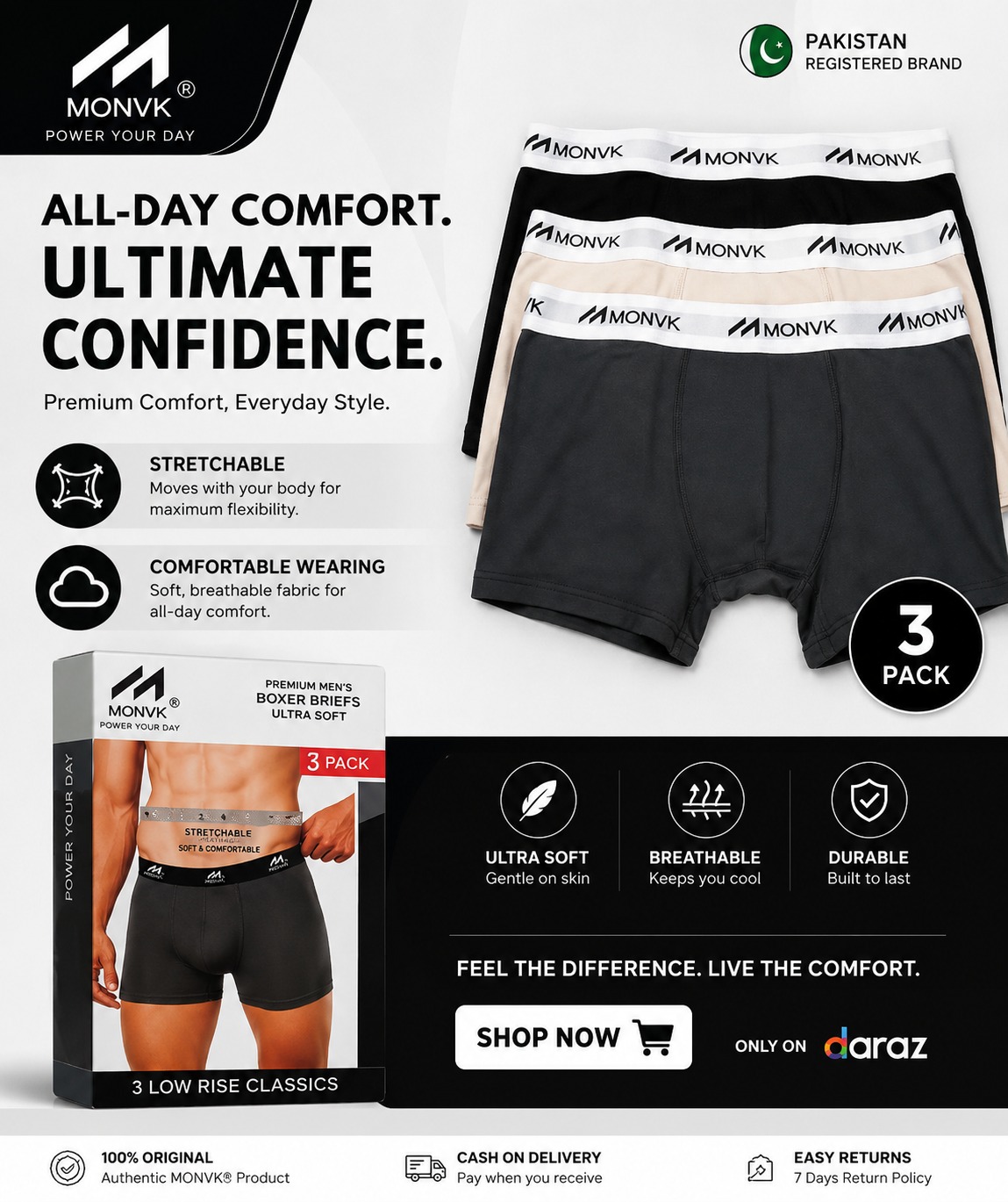 Underwear boxer men (pack of 3) with very soft and breathable premium quality materials