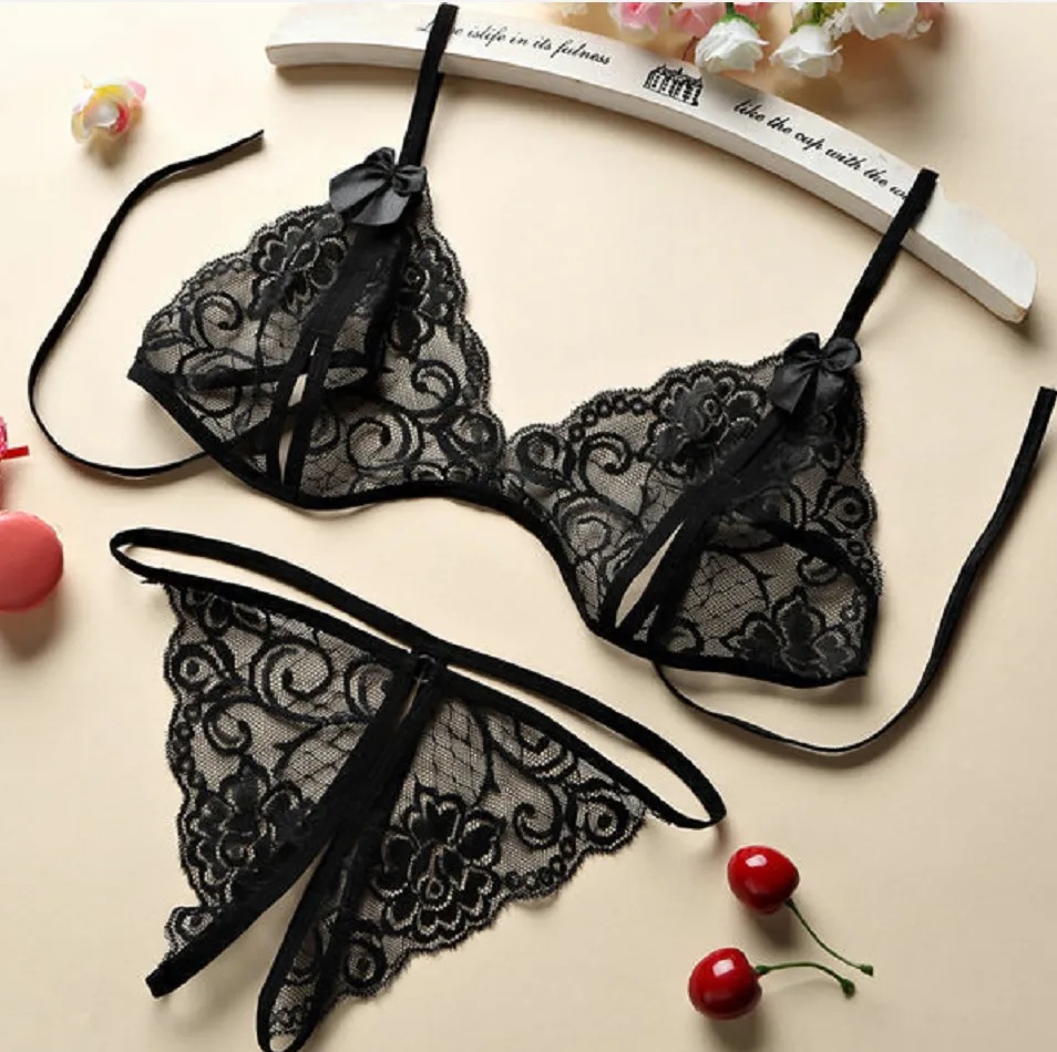 One Size (Fits:40-65 KGS) Lace-up Lingerie Set Bra Set Women Underwear Bikini Three-point Set (weight:40-65 KGS) - Black